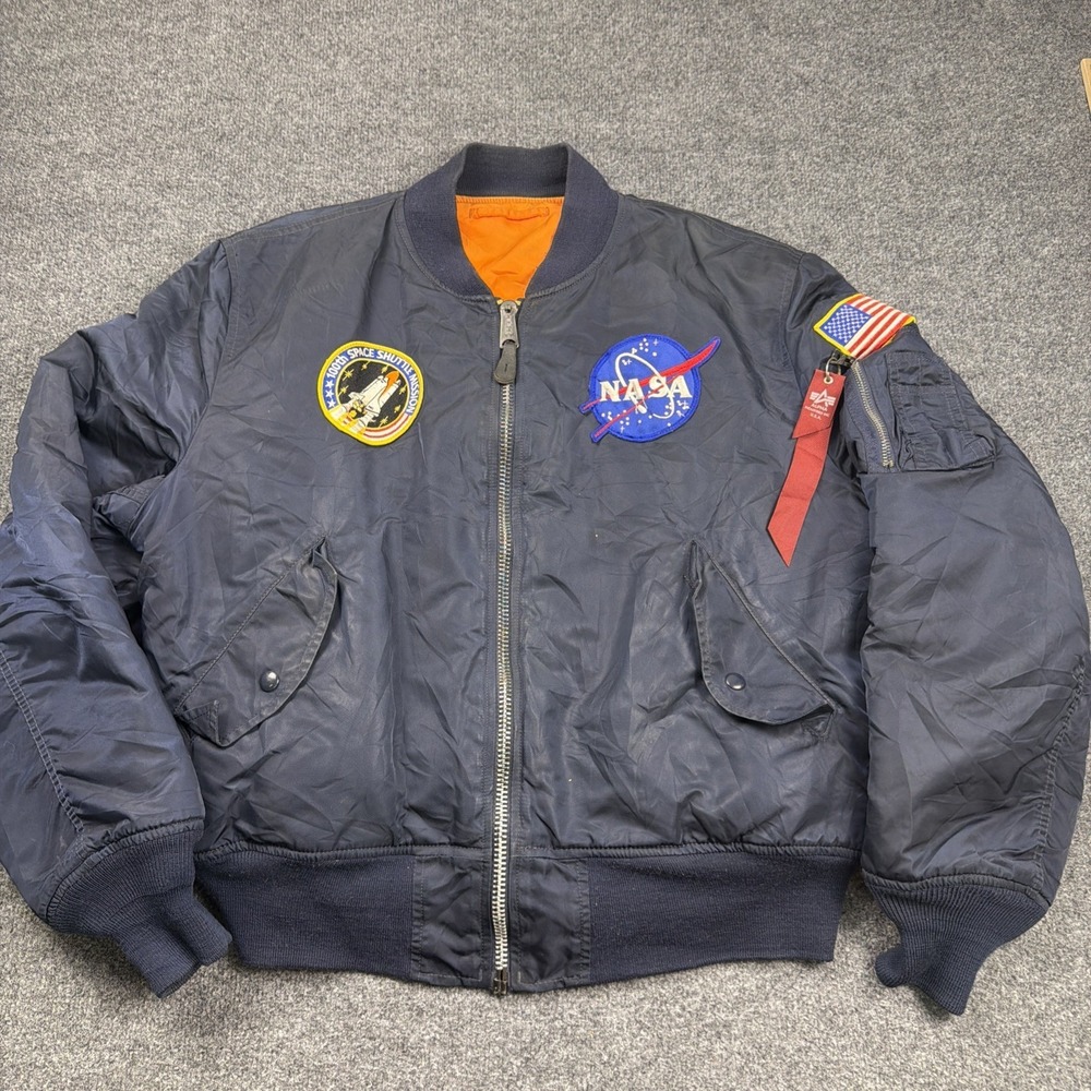 Alpha Industries NASA MA-1 Bomber Jacket‎ Mens Large Black 100th Shuttle Mission